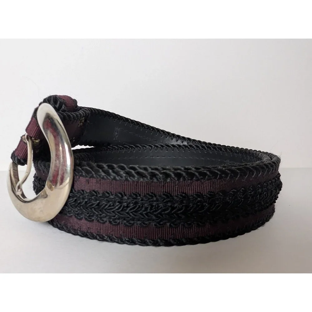 Vintage 90s Pasmenterie Braided Ribbon Dress Belt Purple Black Silver Buckle Med